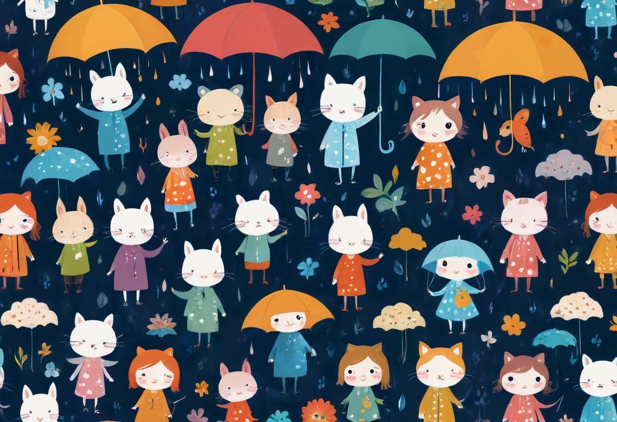 A whimsical scene depicting a blend of cute, cartoonish characters showcasing various adorable expressions, interspersed with subtle, melancholic elements like soft, rainy backgrounds and gentle, fading colors. Each character should represent a different cultural sentiment, with symbols or attire reflecting their origins. The overall atmosphere should evoke a juxtaposition of innocence and depth, inviting contemplation. vibrant colors. super-realistic.