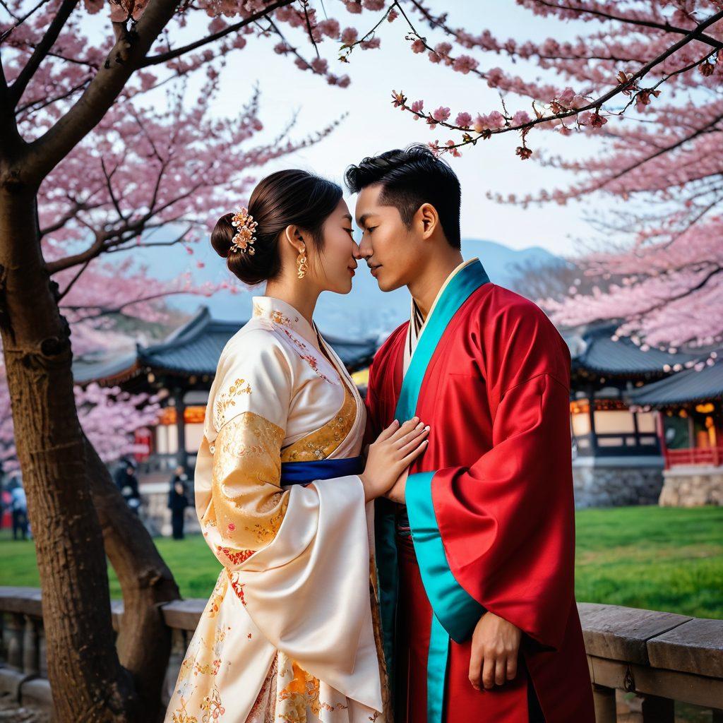 A collage depicting diverse Asian individuals sharing heartfelt moments, set against a vibrant backdrop of cultural heritage elements like traditional attire, local landscapes, and symbols of emotional connection. Soft lighting to evoke warmth and nostalgia, with a faint overlay of cherry blossoms, signifying beauty and fragility. The atmosphere should reflect a bittersweet harmony through contrasting expressions and colors. super-realistic. vibrant colors. soft lighting.