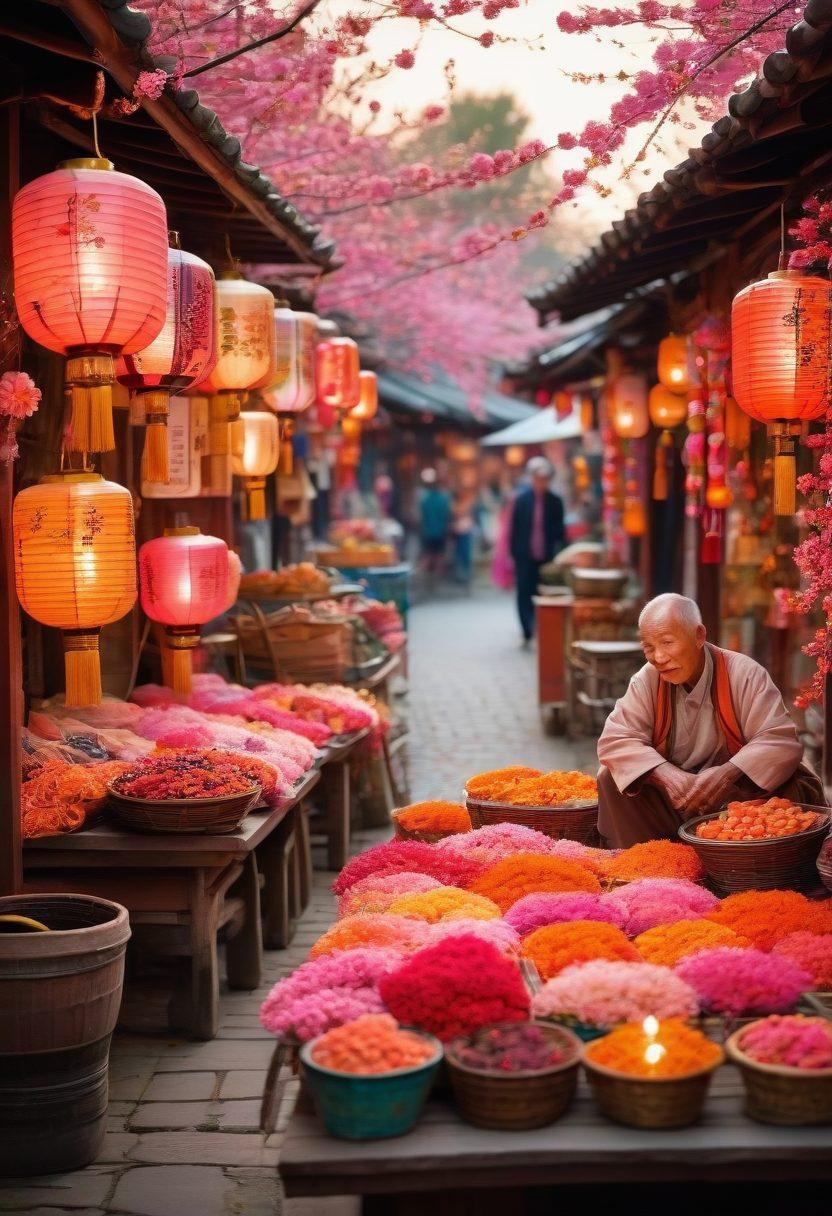 A mesmerizing collage depicting a traditional Asian marketplace bathed in warm sunset hues, showcasing heartfelt emotional expressions on the faces of diverse characters, such as a smiling elderly vendor and a curious child with bright eyes. Incorporate elements of intricate patterns in textiles, cherry blossoms, and lanterns that emphasize the bittersweet aesthetic of the scene. The overall vibe should evoke nostalgia and charm, blending cultural elements harmoniously. vibrant colors. painting.